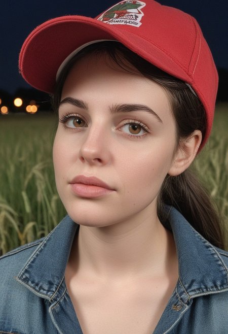 30yo american woman in a wheat field
Small eyes. Brown eyes.
Wearing ripped Denim jacket red hat
no makeup. Clear skin.  realistic skin style
Long dark black slick back hair. No makeup. Dusk, Street light. Looking at camera POV. Slight smile, tilting head.. Tilt head. Hands in head, face, lips.
Medium Close Up shot. Bokeh. Bokeh light.