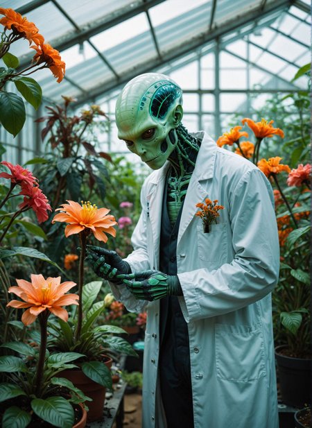 detailed, an alien botanist in a greenhouse filled with exotic, otherworldly plants, wearing a lab coat and examining a glowing flower, intricate details of the plants and their vibrant colors, futuristic laboratory setting 
<lora:xray:1>
 <lora:WildcardX-XL-Detail-Enhancer:1>