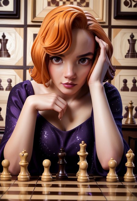 Hyper realistic detailed scene. 
score 9, score 8, score 7, score 6, 
xb0xc0ver, xbox360 video game cover of bethh, focused, orange hair, sparkling purple dress, on a giant chessboard, pieces, black and white chess pieces, oversized pieces