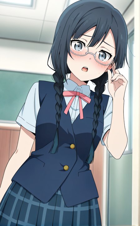 masterpiece, best quality, highres, newest, 1girl, solo, official style, anime screencap, <lora:Yuuki_Setsuna:1>, setsuna, black hair, twin braids, grey eyes:1.2, glasses, school uniform, pink ribbon, blue vest, short sleeves, dark blue plaid skirt, looking at viewer, indoor, cowboy shot, blush, adjusting eyewear, open mouth, five fingers:1.3