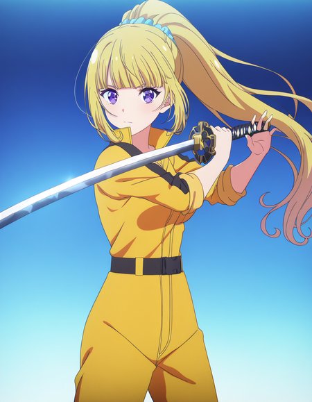 masterpiece, best quality, newest, absurdres, highres, safe,, <lora:kei-karuizawa-anime-s2-ponyxl-lora-nochekaiser:1>, kei karuizawa, long hair, bangs, blunt bangs, purple eyes, blonde hair, hair ornament, ponytail, scrunchie, blue scrunchie, medium breasts, anime screencap, <lora:sword-guard-stance-illustriousxl-lora-nochekaiser:1>, sword guard stance, sword, weapon, solo, katana, holding, holding weapon, holding sword, looking at viewer, jumpsuit, yellow jumpsuit, high collar, cowboy shot, pants,, ,