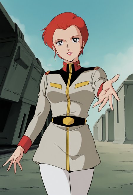 1girl,solo,mm,mature female,red hair,short hair,black eyes,lipstick,retro artstyle,anime coloring,
uniform,military uniform,belt,white pants,looking at viewer, smile,parted lips, reaching, reaching towards viewer, outdoors,day
,masterpiece,best quality,amazing quality,<lora:Matilda_Ajan-Mobile_Suit_Gundam-1979:0.8>