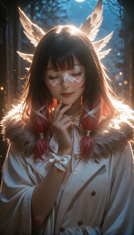 <lora:LCMTurboMix_Euler_A_fix:1> <lora:example_SDXL:0.3>, EZRealPONYXL, <lora:Dramatic Lighting Slider:3><lora:realistic filter [IL]:1>
DSLR,realistic,cosplay photo, (very awa,masterpiece,best quality,year 2024,newest,absurdres,highres:1), realistic,skin texture,facial features, photography shot with Canon EOS 5D Mark IV , realistic, RAW, best quality, masterpiece, amazing quality, skin details,
1girl, highly detailed beautiful face, large natural breasts,
detailed background, shiny skin, dutch angle, night, moonlight,
beautiful detailed eyes, intricate details, absurdres, anime screencap,
<lora:Columbina_Genshin_ILXL_kill0825:1>
GSColumbina, 1girl, solo, long hair, blush, smile, open mouth, simple background, black hair, hair ornament, white background, bow, ribbon, upper body, closed eyes, pink hair, multicolored hair, sidelocks, red hair, parted lips, wings, hand up, bowtie, blunt bangs, two-tone hair, streaked hair, coat, fur trim, sparkle, gradient hair, white bow, x hair ornament, head wings, facing viewer, white ribbon, white coat, hand on own chin, fur-trimmed coat, white bowtie, wrist ribbon, wing hair ornament, eye mask, finger to own chin, white mask, wrist bow