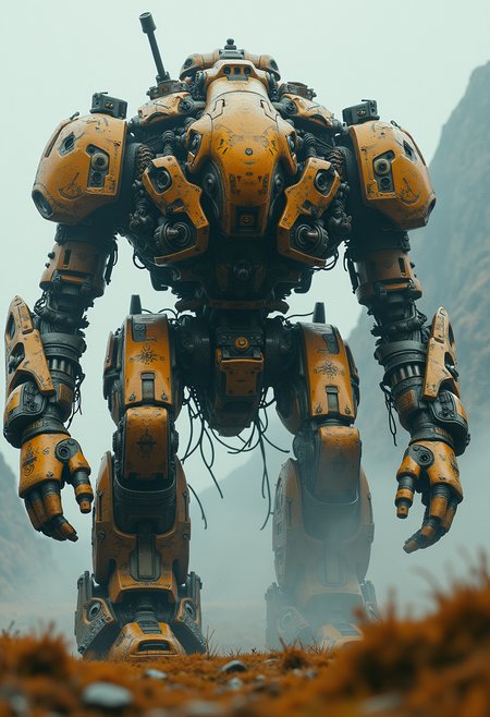 Detailed, masterpiece, professional, bold colors, awe inspiring, photography inspired by Jeremy Mann, 30mm shot, action scene, HDR, biomechanical fusion of organic and machine beauty, mix of the past and future, steam powered, intricately detailed mechanisms, articulated joints, bio-luminescent circuitry, massive mecha eroded into the landscape, battle scarred with nature slowly taking back over
