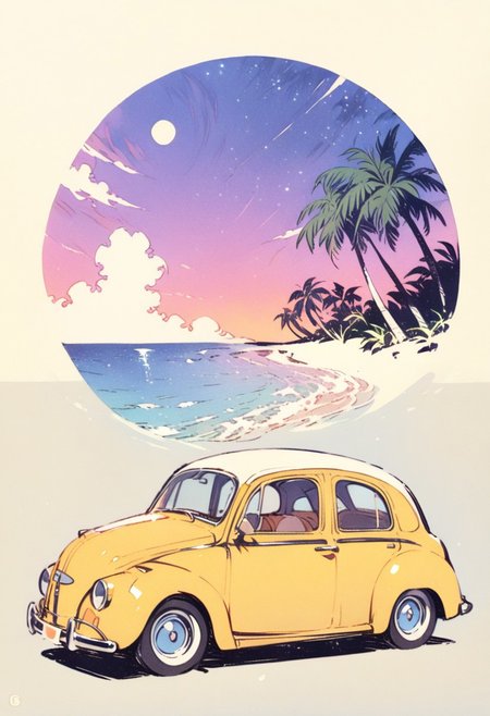 masterpiece, best quality, very aesthetic, absurdres, detailed background, magnificent view, detailed beautiful retro illust, logo, yellow retro car, Crystal clear sea, palm tree, twilight, starry sky, cloud,