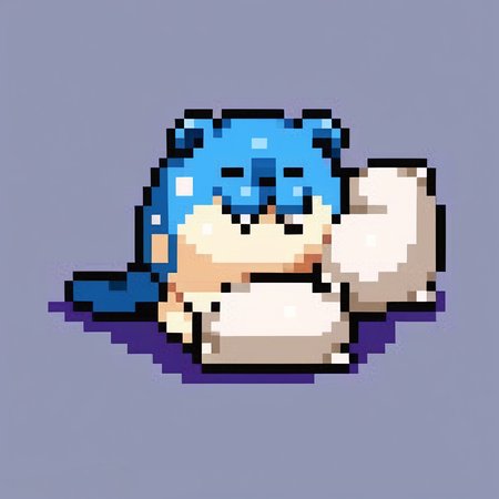score_9, score_8_up, score_7_up, source_anime, BREAK, solo, looking at viewer,  <lora:Leanboox-Sprite-Style-pdxl_Fp:1>, simple background, full body, pixel art, <lora:Spheal-pdxl_Fp:1>, sphealpk, pokemon \(creature\), fang, blue skin, sleeping, pillow,