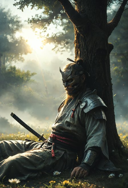 score_9, score_8_up, score_7_up BREAK male, samurai, on back, resting, against tree, armor, mask, katana, flowers, grass, moody, fog, depression, lens flare, relax, epic, depth of field, highly detailed, high contrast, film grain, Rim Lighting, dramatic lighting, <lora:CinematicStyle_v1:0.7>