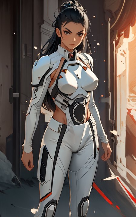 ((masterpiece, best quality)),  solo, looking at viewer, amazon_woman whit black hair wearing spacesuit, long hair, "Content:1.2", "Taper fade hairstyle" hair, "Arms crossed" pose , skin tight,  depth of field, light particles,
 <lora:GoodHands-beta2:1>,
<lora:BrazilianWomanAmazon_V1.0:1>,
<lora:muscle_slider_v1:2>,
<lora:weight_slider_v2:-1>,
<lora:hair_length_slider_v1:1>,
 <lora:spacesuitV1.0:0.6>,
 <lora:wuxia2:0.6>,
 <lora:Background_Detail_v3:1>,
<lora:IvoryGoldAIv2:0.7>