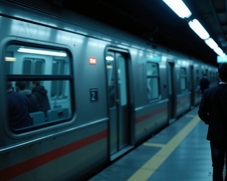ultrasharp photograph, black and blue, central focus. this is a high-resolution photograph capturing a train arriving at a empty station in los angeles. the people are in focus.