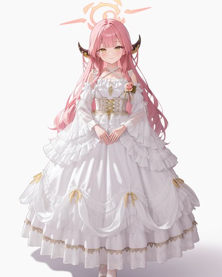 Positive: Masterpiece, best quality, amazing quality, very aesthetic, high resolution, ultra-detailed, absurdres,
1girl,solo,white_background,
zzAru, yellow eyes, pink hair, long hair, demon horns, halo,
white off-shoulder lace ruffled dress,
white dress,white off-shoulder,lace,frills,
criss-cross halter,
corsage,jewelry,
long sleeves,detached sleeves,
white pumwhite lace pantyhose,   
standing,full_body, 