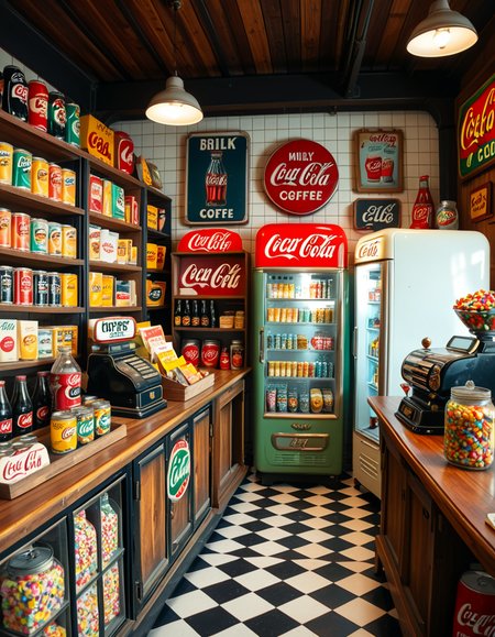 A vintage 1950s grocery store filled with nostalgic details. Wooden shelves neatly stocked with classic canned goods, glass soda bottles, and colorful retro packaging. An old-fashioned cash register sits on the wooden counter, next to a small scale for weighing produce. The checkered black-and-white tile floor adds to the mid-century charm, while hand-painted signs on the walls advertise milk, bread, and coffee in bold, retro fonts. A display of penny candy in glass jars sits near the entrance, and a vintage Coca-Cola refrigerator hums in the background. Soft, warm lighting casts a nostalgic glow over the scene, enhancing the rich textures of wood, glass, and metal, capturing the essence of a bygone era.
<lora:SDXLFaeTastic2400:0.4> <lora:extremely_detailed:0.4> extremely detailed
 <lora:1950s_grocery_st0r3:1>,1950s grocery st0r3, Masterpiece,best quality,hi res,8k,hi res,8k,award winning,(sharp focus, intricate, highly detailed),