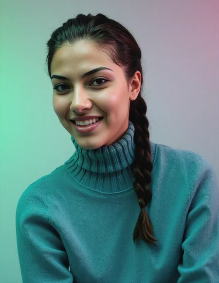black and white photo of a pretty  woman with a d351 m3d1um skintone, hyper realistic photo that is safe for work, laughing, studio quality image with natural colors, well dressed wearing intricate long sleeved Teal turtleneck sweater, hair styled as  french plait,muted pastel shaded multicolored background that contrasts with the person, cinematic lighting,âââââ <lora:d351_m3d1um_Desi_Mocha_Flux_Kohya_V3:1>âââ
