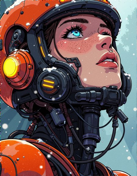 hyper-detailed, modernretroanime, Anime, mature female, thick lips, long eyelashes, makeup, 
1A female sci-fi pioneer in a futuristic helmet with glowing orange accents, her freckled face partially revealed through cracks in the faceplate. The exosuit she wears is a mix of weathered black metal and vibrant neon orange details, with visible wiring and intricate mechanical components. Snowflakes cling to the surface of her suit as she gazes upward, her eyes glowing faintly blue in contrast to the dim, cold lighting of her environment. The mood evokes resilience and mystery, set against a backdrop of fog and falling snow. <lora:MelkorMancin-FLUX:0.4> <lora:RetroAnimeFluxV1:0.6>