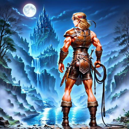masterpiece, best quality, amazing quality, csdb, hatching (texture), gradient clouds, dark sky, night, moon, distant castle, castle ruins, trees, fog, river, waterfall, mountains, gradusian, SIMOIL, solo, 1boy, male focus, muscular, toned male, blue eyes, leather armor, leather headband, red jewel on headband, breastplate, leather shorts, stylized loincloth, one pauldron, vambraces, medium hair, blonde hair, boots, leather tassets, (view from behind:1.3), standing pose, sheathed dagger, whip on waist, cliff, (looking away:1.2),