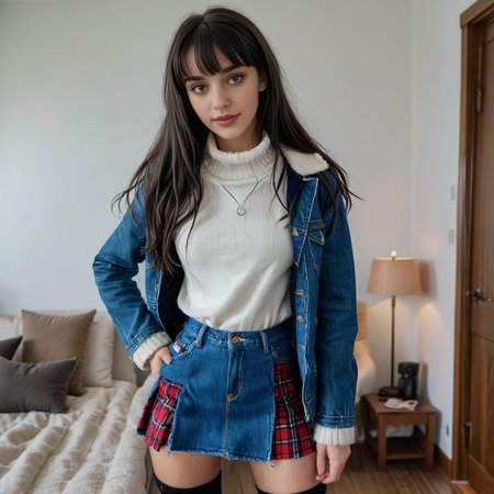 A cinematic full-length image of Charlotte shot from mid height,
(((Watching a movie, entertained and relaxed ))), 
<lora:Charlotte_XL:1.0> , slim face, perfect face, very slim face, perfect hands, long hair, black_hair, bangs, red eyes, brunette female, ((sexy)), 8k, professional, award winning photography, twitchstreamer, aesthetic photo, white skin woman, showing her body, slim face, ((full-length)), showing her whole body, perfect face, ((extremely detailed face)), the most beautiful face, 
 slim face,during a Rainy Day  in the winter, 
(wearing Sherpa lined denim jacket, Turtleneck sweater, Plaid mini skirt, Ankle socks, Sneakers ), 
<lora:add-detail-xl:1.6>, <lora:RMSDXL_Enhance:1.2>, <lora:MJ52:0.4>