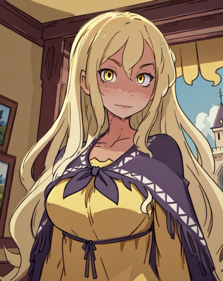 Isara, yellow eyes, 
yellow dress, pink capelet, 
standing, upper body, 
castle, indoors, 
 (insanely detailed, beautiful detailed face, masterpiece, beautiful detailed eyes, best quality)
 <lora:Isara:0.8>