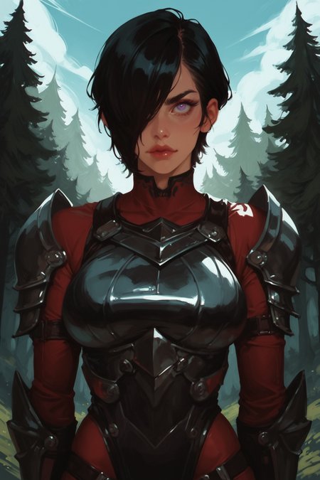 erengaria, black hair, short hair, purple eyes, hair over one eye, maroon bodysuit, long sleeves, black armor, gauntlets, big breasts, looking at you, blue sky, forest, alpine forest, upper body, hand on hip,, zPDXL3, detailxl,  Score_PnyReal, (lineless:1.5)
