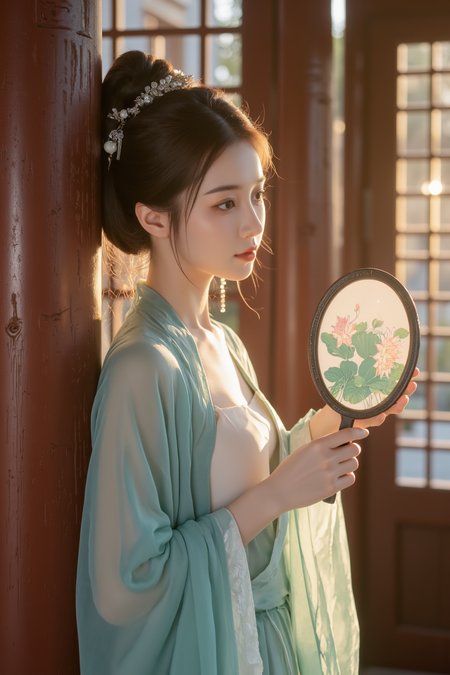 <lora:ãéº¦æ©éè¡£ãMajicflus:0.7>, qingyi, In the soft glow of dusk, a young woman leans against a carved wooden pillar, dressed in a cyan translucent hanfu with a loose neckline that reveals a subtle glimpse of her skin. The light refracts gently across her collarbones and chest. Her hair is styled in a high bun, adorned with a jade hairpin that has silver chains swaying delicately in the breeze. She holds an antique mirror painted with lotus flowers in both hands. The background features layered red wooden screens, their intricate carvings allowing golden sunlight to filter through and illuminate the scene.âââ