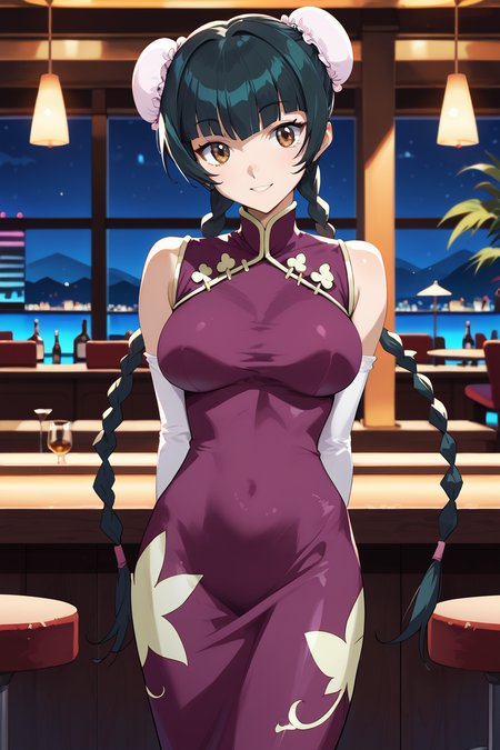 score_9, score_8_up, score_7_up, , score_ANIME, wangliumei, 1girl, solo, bun cover, double bun, china dress, twin braids, dark green hair, cowboy shot, very long hair, brown eyes, standing, smile, pink elbow gloves, sleeveless, purple dress, looking at viewer, large breasts, blunt bangs <lora:wangliumei2_pony:1>, arms behind back,  hair behind back, head tilt,  night sky,   club, indoors,  bar, casino,