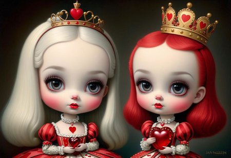 Cuteness overload. Insanely detailed portrait adorable Queen of Hearts.
Fairytale, sharp eyes, Joan walsh anglund, gorjuss, Margaret Keane, Ray Caesar, Craig Davison, Mark Ryden, Fragonard. Cinematic lighting, beautiful, rich deep colors, masterpiece. Hires 32k best quality.