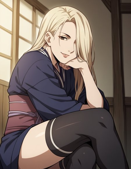 score_9, score_8_up, score_7_up, source_anime, <lora:hyakurin-s1-ponyxl-lora-nochekaiser:1>, hyakurin, long hair, blonde hair, hair over one eye, brown eyes, lips,, thighhighs, japanese clothes, black thighhighs, kimono, sash, indoors, smile, looking at viewer, solo, sitting, head rest,, cowboy shot, dutch angle