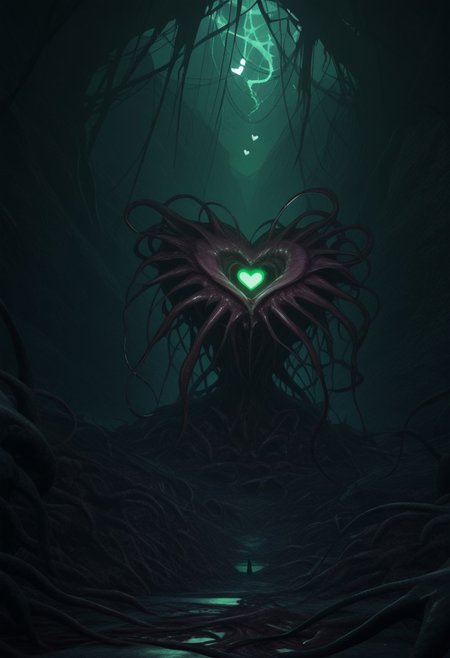 AMAZING QUALITY, MASTERPIECE, W1CK3D, SCENERY, CORRUPTED LANDSCAPE, NIGHTMARE, ELDRITCH, FLESH, GREEN THEME, GLOWING LIGHTS, HEART