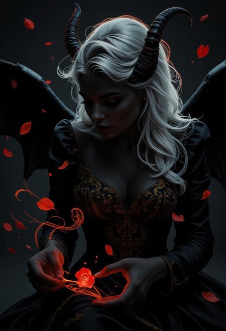 Magic style, FFS style face, detailed skin, BNR style
Close-up portrait,masterpiece hyper realistic closeup portrait, dutch angle side view, looking down, of a female demon entirely black skin and with long silver-white hair. She has long curved black demon-like horns and huge black demon wings. She wears a black victorian dress intricatly detailed with gold patterns. floating ember, swirling rose petals