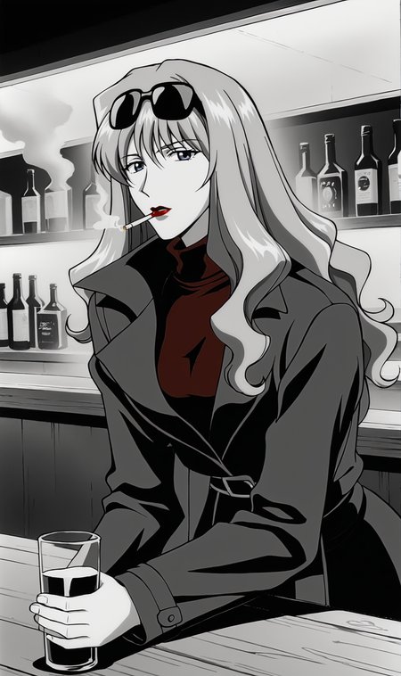 Julia, 1girl, solo, retro artstyle, blonde, long hair, blue eyes, lipstick, standing, trenchcoat, red turtleneck sweater, sunglasses on head, smoking, noir, greyscale, monochrome, bar, leaning forward, drink in hand, <lora:Julia Pony XL:0.7>
