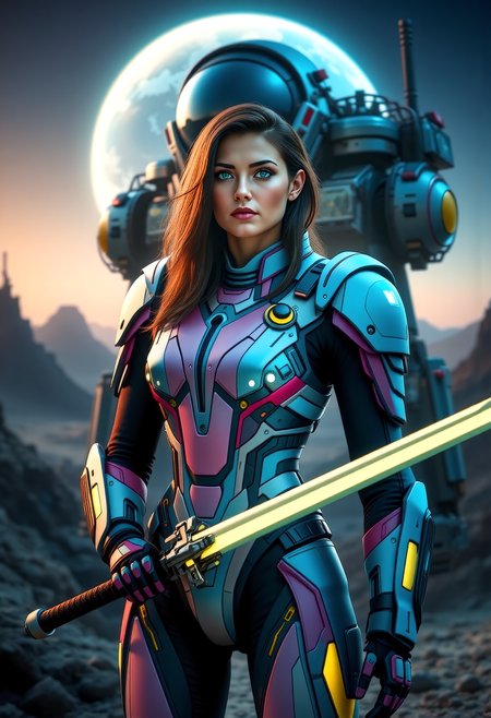 a futuristic lunar colony overlooking Earth, a fierce warrior stands ready for battle. Her medium build, dark hair, and green eyes exude a sense of determination. Dressed in a Synth-Leather satin pink and satin baby blue power armor Tactical Suit with satin yellow highlights, a futuristic bodysuit designed for urban operation. The connects to her cybernetic enhancements. Segmented carbon-fiber panels reinforce her shoulders, chest, and forearms, providing protection without compromising style. She wields a plasma longsword.  Behind her a heavy mech with MechArmor, stands tall, its bulkiness a testament to the strength and versatility of the colony. The colony's domes, shimmering above the Earth's glow, provide a breathtaking backdrop, while the grey lunar landscape and mining rigs add a sense of isolation. This scene, with its off-center composition and extreme close-up on Rina's facial details, captures the essence of a futuristic warrior, showing the fusion of technology and the mysteries of the lunar colony.     <lora:scifi/fluxPunk_v11:0.8> <lora:scifi/RM MechArmor v0.9M.safetensors:0.7>,  <lora:art and styles/MysticFantasy.safetensors:1.0>,  <lora:flux/flux_realism_lora.safetensors:1.0>,