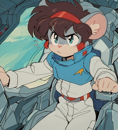 <lora:etoran.il:0.8>,
etoran,
solo,
bakumaru, white jumpsuit, blue vest,
gundam cockpit,
90s anime style, ntfs artifacts,  <lora:Wamudraws_Style_Ill:0.45> artist:wamudraws, high quality, best quality,