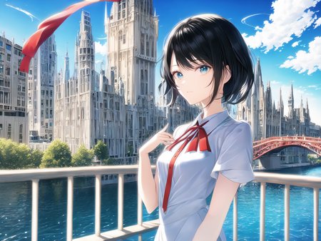 1girl,bangs,black_hair,blue_sky,bridge,building,castle,city,cityscape,cloud,day,dress,looking_at_viewer,outdoors,red_neckwear,red_ribbon,ribbon,river,short_hair,short_sleeves,sky,skyscraper,solo,standing,town,water,.,.,[[hands finger 5 digits]],  <lora:NovelAILora:1>