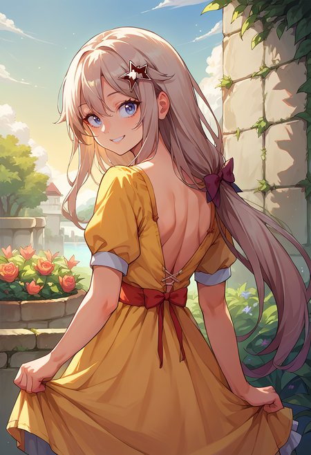 score_9, score_8_up, source_anime, 1girl, solo, 9A91, long hair, star hair ornament, from behind, yellow sundress, garden, day, sunshine, smile, looking back, <lora:Cham9A91PonyXL:1>