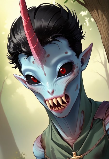 ((Alien humanoid)),
((Alien species)), solo, androgynous, aquatic features 
blue skin, ((webbed hands)):1.3,
((No nose)):1.3, ((nostrils only, nostril slits, vertical nasal slits, narrow nostrils)):1.5, ((narrow eyes)), ((black sclera, black irises)), smooth skin,  pointy ears, small ears, tiny ears, holes in skin, forehead horn, short horn, veiny horn, ((single horn)):1.0, ((4 fingers)), fingernails, thin lips, ((black hair)), ((short hair, spiky hair)), sharp teeth, digitigrade legs, bent legs,
mid-range shot, upper body focus
ragged clothes, muddy clothes, loincloth, tunic, dirty
Medieval style, fantasy style,
((Variety)):1.2
((dutch angle, 3/4 view))
river background
fully clothed, loose clothing, clean lines, smooth colors, detailed fingers, sfw, source: realistic, rating: pg, score: 8 up, score: 9