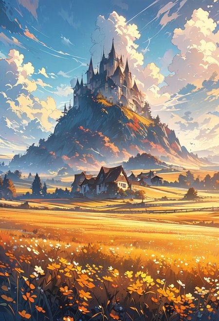 beautiful grain field, beautiful day, beautiful scenery, high quality, best aesthetics, masterpiece, illustrative details, anime illustration, digital art