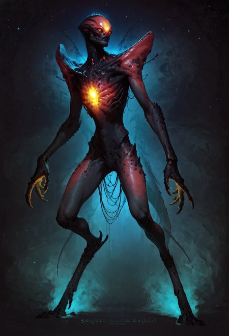 score_9, score_8_up, score_7_up,  alien creature, otherworldly, black scales, thin eyes, red theme, black background, (glowing chest, golden glow:1.1), astral, epic, ethereal, mystical, galactic background, full body  <lora:pony/twilight_style:0.8> concept art, realistic <lora:pony/alien_concept_art:0.8> <lora:sdxl/sinfully_stylish_sdxl> <lora:pony/potat_alienfier:-0.8>