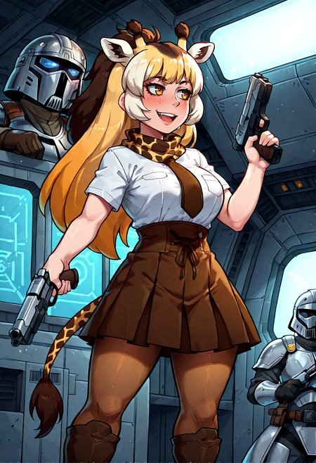 IllustriousQual, <lora:StS-Illustrious-Detail-Slider-v1.0:2> <lora:cfg_scale_boost:0.3> <lora:StS_Age_Slider_Illustrious_v1:3>,detailed_background,indoors,blonde hair,blush,giraffe ears,star wars: attack of the clones,1girl,gun,long hair,reticulated giraffe \(kemono friends\),short sleeves,brown eyes,handgun,giraffe tail,holding weapon,animal print,andrew griffith,giraffe girl,1boy,gradient sleeves,pantyhose,dual wielding,white hair,helmet,pointing,print scarf,brown necktie,open mouth,necktie,slave i,pleated skirt,animal ears,brown hair,star wars,giraffe print,mandalorian,boots,mandalorian helmet,spacecraft,horns,weapon,holding,skirt,solo,sidelocks,smile,science fiction,giraffe horns,high-waist skirt,holding gun,mandalorian armor