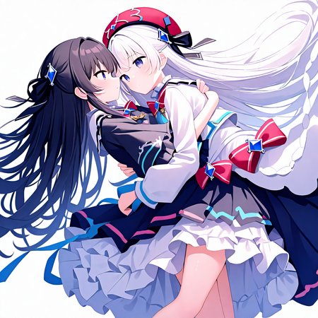 2girls,simple background,white background,hug,looking at another,
BREAK tairitsu,<lora:tairitsu-000016:0.9>,1girl,black skirt,black hair,no hat,
BREAK <lora:xikali>,xikali,1girl,white hair,hat,white dress,, masterpiece, best quality, very aesthetic, absurdres,newest, incredibly absurdres,