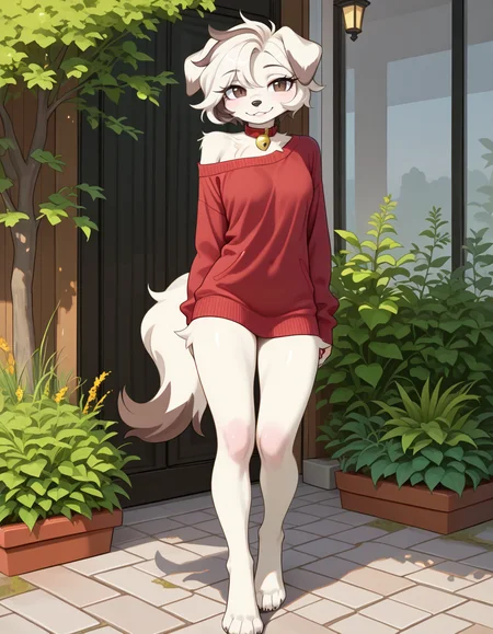 masterpiece, best quality, very aesthetic, absurdres,
outdoors, casual, 
full body, standing, posing, 
seductive smile, parted lips, long eyelashes,
 <lora:Infi_v01_NAIXL:1>,
1nf1,1girl,solo,furry,furry female,dog girl,dog ears,short hair,white hair,brown eyes,snout,animal nose,collar,neck bell,body fur,white fur,dog tail,