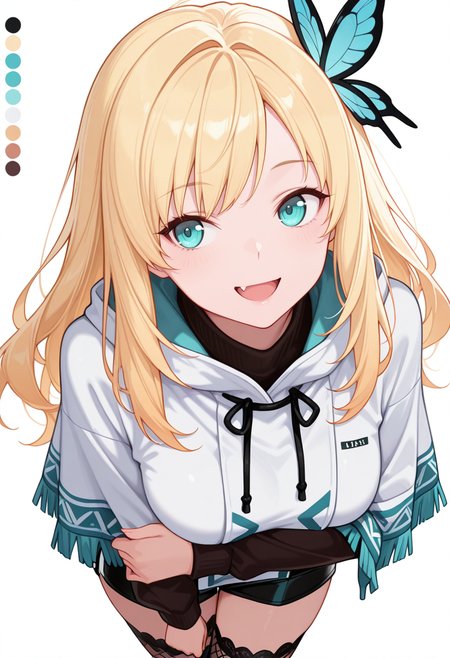 Smooth Quality,masterpiece,very intricate, high quality details, ultra realistic, high detailed skin,detailed enviorement,absurdres,
hand on own arm,:d, 
 <lora:Sena_Kashiwazaki_CNR:0.8> sena_cnr, 1girl,blonde hair, long hair, aqua eyes, fang, medium breasts, butterfly hair ornament,, simple background, white background, from above,solo,, color drain,traumatized,, poncho   ,short over long sleeves,board shorts,  ,lace legwear,