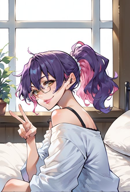 score_9, score_7_up, source_anime, highres, BREAK <lora:AERingo:1> Linear Hatching, 1girl, hair between eyes, pink lips, ponytail, colored inner hair, purple hair, pink hair, sidelocks, yellow eyes, bra strap, off-shoulder shirt, white shirt, smile, v, <lora:AESumire:0.6> fingernails, on bed, head tilt, window, from side, glasses,