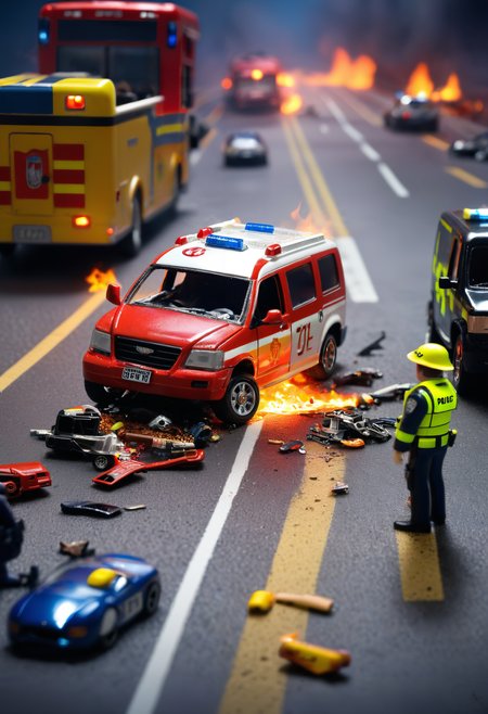hotwheels toy, car, police, bus, van, ambulance, motorcycle, RoadWreck_Simulator <lora:RoadWreck_Simulator_sdxl:1>, miniature people, headlights, broken glass, tilt shift, forced perspective, bent frame, crushed, fire, smoke, debris, destruction, track, sirens, nighttime, melted miniature, award winning photography