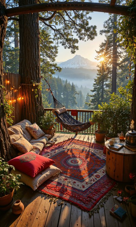 Enchanting treehouse terrace nestled in ancient redwood forest, dappled sunlight filtering through lush canopy. Rustic wooden platform adorned with plush bohemian floor cushions, fairy lights, and potted ferns. Panoramic views of misty valleys and distant snow-capped peaks. Cozy hammock swaying gently, inviting blankets and weathered books scattered nearby. Wrought-iron railing entwined with fragrant jasmine. Steaming mugs of herbal tea on reclaimed wood table. Soft moss underfoot, bird calls echoing. Golden hour glow, long shadows stretching. Dreamy atmosphere, 8k resolution, hyper-detailed textures, beautiful bokeh effect. <lora:test2-000013:0.7> <lora:Rainbow_on_black_style-000003:0.5> <lora:Improved Amateur Realism:0.9> <lora:FluxMythR3alisticF:0.3> <lora:flux_dev:1>