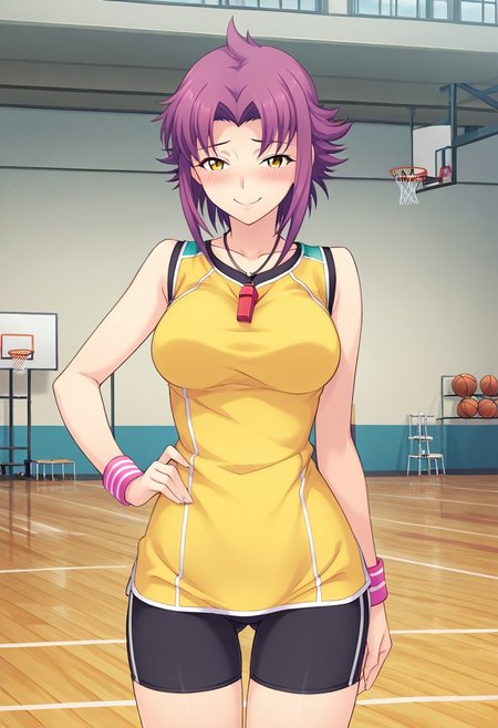 score_9,score_8_up,score_7_up,source_anime,5_figner,2d_animation,game cg,BREAK,1girl,solo,
Kaizu Aya,mature female,
short hair, yellow eyes, purple hair,BREAK,
pink wrist band,red whistle,bike shorts,sports Uniform,
gym,indoor,Basketball stand,Basketball court,
smile,cowboyshot,standing,blush,front view,
masterpiece,best qualit,ultra-detailed,illustration,an extremely delicate and beautiful,beautiful detailed eyes,unity 8k wallpaper,high resolution,anime CG,official_art,
