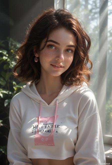score_9, score_8_up, score_7_up, masterpiece, best quality, highly detailed, (masterpiece, best quality, highly detailed), very detailed face, hyperrealistic, (UHD quality details), (photorealism:1.0), drk brown  hair, short wavy hair, ((crop top white hoodie)), (((pink cat logo on hoodie))), deep v-neck, midriff, white sports shorts ((pink accents)), white ankle socks, white sneakers with (pink accents), detailed skin, Tomboy, green eyes, soft smile, very detailed, (((full body shot))), 18 year old, athletic body, bubble butt, (natural small b cup breasts), (medium thighs), long legs ,skin pores, realistic skin, highly detailed skin, beautiful face, emerald green eyes, perfect eyes, perfect mouth, perfect teeth, freckles on body, freckles on face, short dark brown hair, dangling earrings, ankle bracelet on one ankle, natural lips, no lipstick, closeup, portrait, solo, beautiful smile, headshot, Beuty