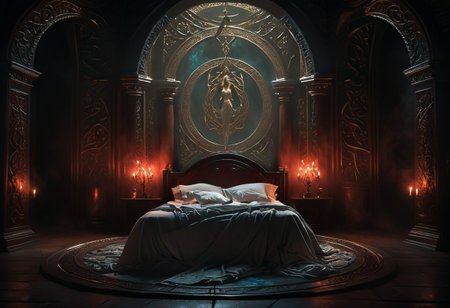 hkmagic detailed wide shot, low angle, wide shot, a celtic princesse of extraordinary beauty Eerie reality, her body covered by celtic runes bioluminescent tatoos glowing with power and magic, lying on a luxury fantasy bed in a room illuminated by candles, her body visible through a transparent golden veil covering the baldaquin bed, the bed culumns are spiraling sculppted dragon made of ivory and dark wood, red hair, naked,, mist, ciaroscuro, 8k cinematic shot,  Intricate, High Detail, Sharp focus, dramatic, colorful details, intricate details,hyper realistic, ultra detailed,  volumetric lighting, 8k post-production, Chiaroscuro Lighting Style, elven architecture