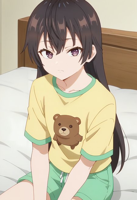 Yuki Suou, long hair, solo ,  black hair,  hair between eyes,  brown eyes, purple eyes,  ,brown hair,  <lora:Yuki Suou-000013:0.9> yellow shirt, t-shirt, animal print, green shorts,  sitting on bed, looking at viewer, bear face print, score_9, score_7_up,anime coloring ,source_anime, anime, anime screencap