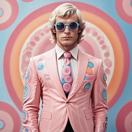 Score_9, score_8_up, score_7_up, score_6_up, BREAK  <lora:60sPsychedelicMovie2Pony:1> ArsMovieStill, movie still from a 60s psychedelic movie, The image is a portrait of a man standing in front of a colorful background with a circular design. The man is wearing a pink suit with a pattern of circles and swirls in shades of pink orange and blue. He has blonde hair and is wearing sunglasses. He is also wearing a black suit with white shirt and a patterned tie. The background has a blue and pink gradient with a large circular design in the center. The overall mood of the image is playful and whimsical., 1boy, solo, male focus, necktie, circle, shirt, formal, suit, collared shirt, sunglasses