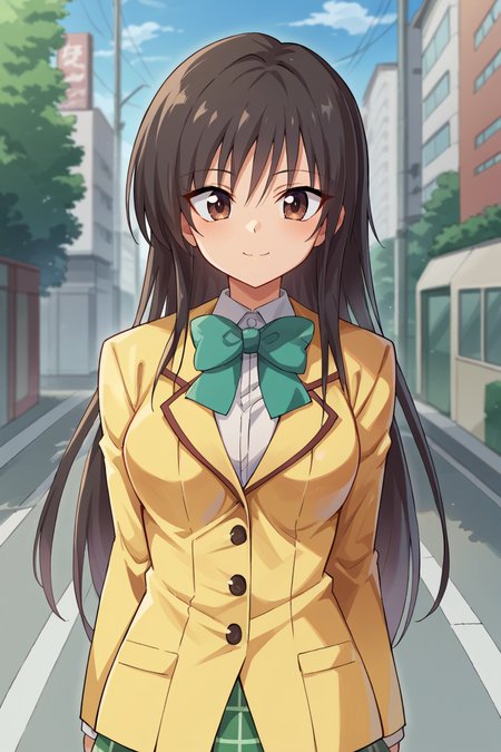 score_9, score_8_up, source_anime, BREAK 1girl  <lora:kotegawayui-pdxl-nvwls-v1:1> kotegawayui, long hair, yellow blazer, long sleeves, green bowtie, plaid miniskirt, green miniskirt, blue sky, trees, city street, looking at viewer, light smile, waist up