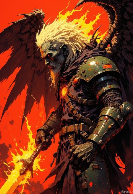 cinematic film still award winning photo .A fallen angel unsheaths his flaming sword to slay his foes. Never again shall gods light illuminate him.Deep depth of field, vignette, highly detailed, high budget, bokeh, cinemascope, moody, epic, gorgeous, film grain, grainy,anime, cyberpunk, Comic book style