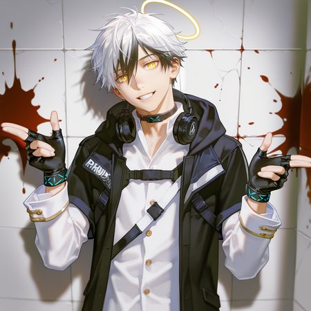 1boy, adnachiel \(arknights\), adnachiel, solo, mature male, tilted halo, yellow eyes, bright pupils, short hair, white hair, black streaked hair, (krenz, quuni, yoneyama mai:1.2), nyalia, depth of field, realistic reflection, tile floor, (blood on wall, blood stain, blood splatter:1.3), white theme, upper body, head tilt, bang \(gesture\), finger gun, looking at viewer, smile, teeth, short over long sleeves, white gakuran, white shirt, gold buttons, collared shirt, white sleeves, sleeve cuffs, choker, black headphones, headphones around neck, black jacket, chest belt, short-sleeved jacket, hood down, bandana around arm, single wristband, open jacket, thigh strap, thigh pouch, fingerless gloves, black gloves, detailed face, perfect eyes, masterpiece, best quality, newest, absurdres, highres, explicit, <lora:å®å¾·åå°Adnachiel7.0 lora-000009.TA_trained:0.8>, <lora:DetailedEyes_xl_V2:1>, <lora:add-detail-xl:2>, <lora:ChamIllustriousBackgroundEnhancer:0.8>,  <lora:nyalia:0.4>